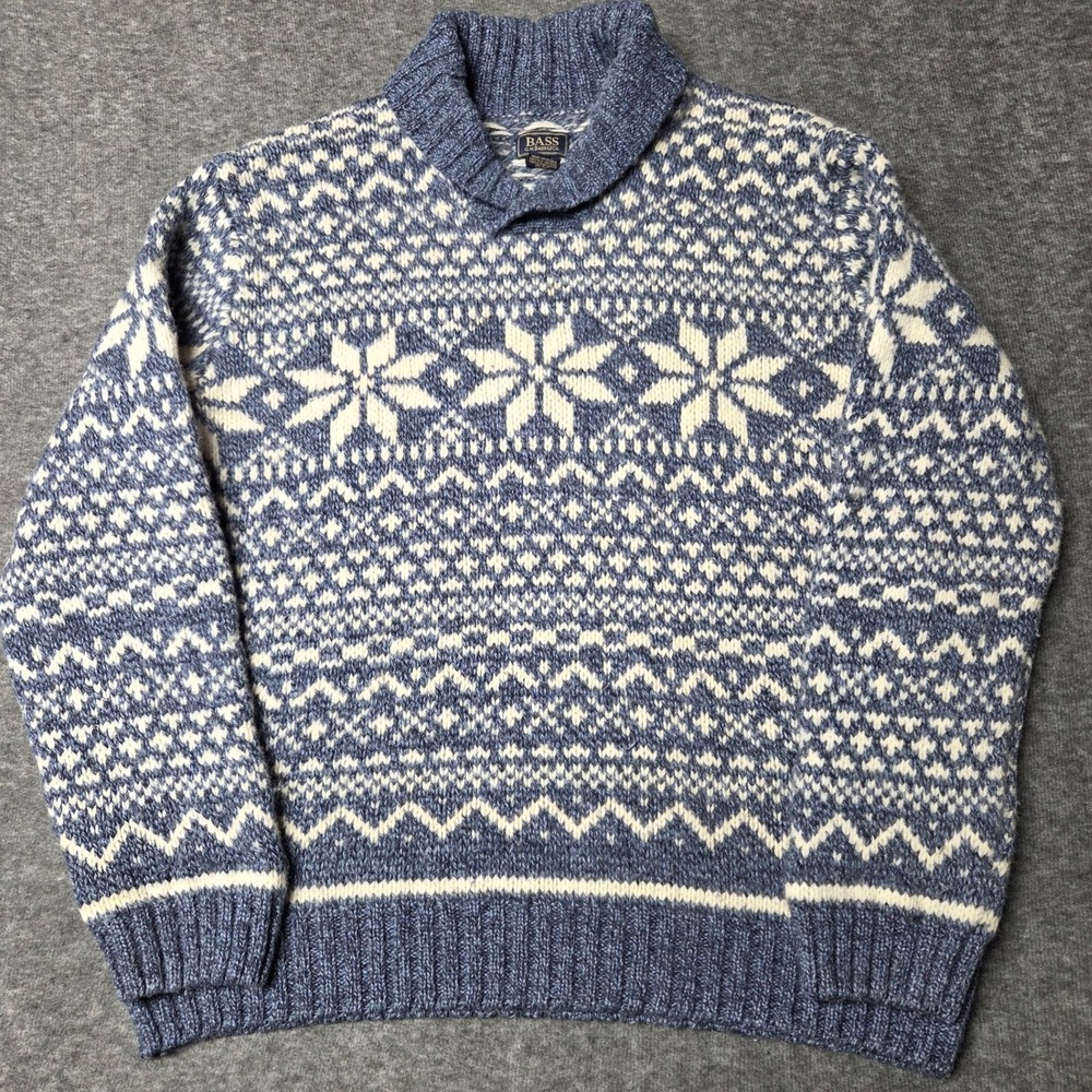 G H Bass Sweater Womens XXL Blue Fair Isle Shawl Collar Lambswool Knit Pullover